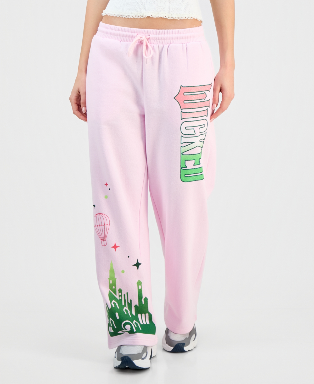 Wicked Juniors Glitter Crewneck Sweatshirt High Rise Drawstring Fleece Pants In Pink
