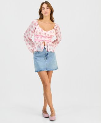 Juniors' Long Sleeve Button-Front Blouse
