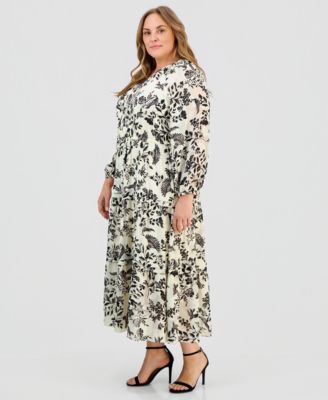 Plus Size Printed Tie-Neck Tiered Maxi Dress