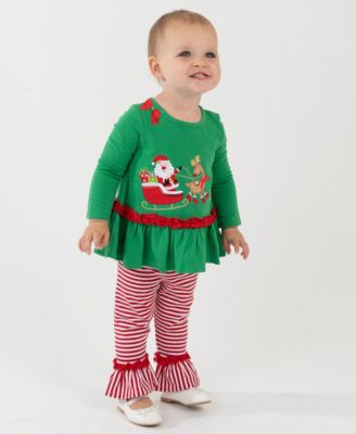 Rare Editions - Baby Girl 2-Piece Santa Sleigh Top and Striped Leggings Set