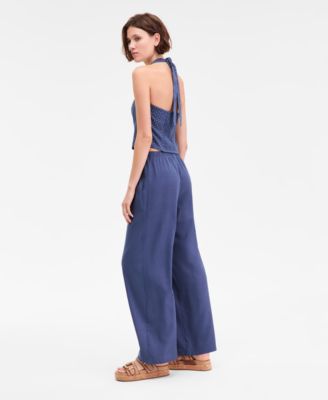 Juniors' Linen-Blend Wide-Leg Tie-Front Drawstring Pants