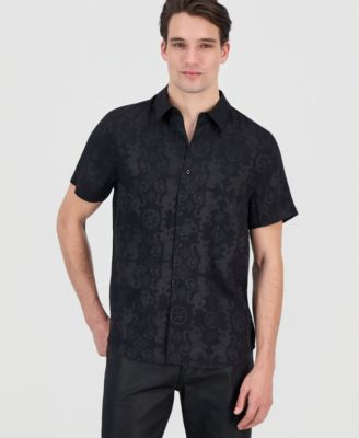 GUESS - Men's Lion Peony Jacquard Short Sleeve Button-Front Shirt