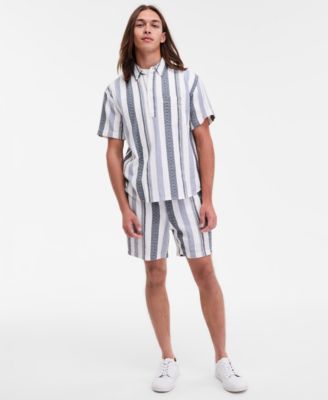 Sun + Stone - Men's Short Sleeve Textured Striped Popover Shirt