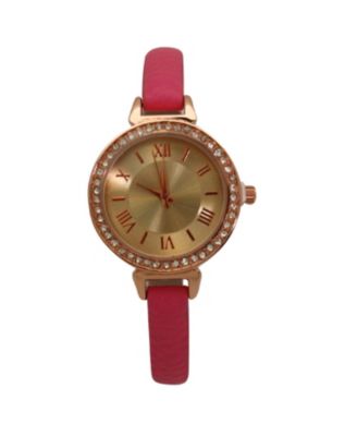 Pink Rhinestone Skinny Leather Strap Watch