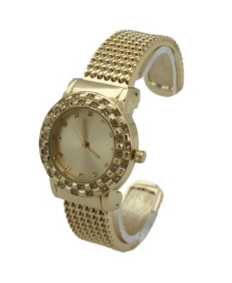 Gold Thick Bangle Watch With Rhinestone Details