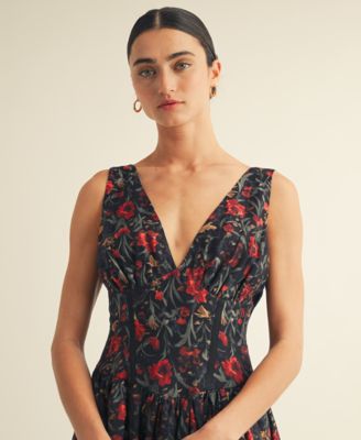 Women’s V-Neck Detailed Floral Printed Maxi Dress