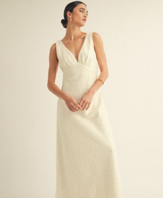 Women's V-Neck Scalloped Lace Tie-Back Slip Midi Dress