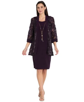 R & M Richards - Petite 2-Piece Embroidered and Sequin Cutout Jacket with Tank Dress