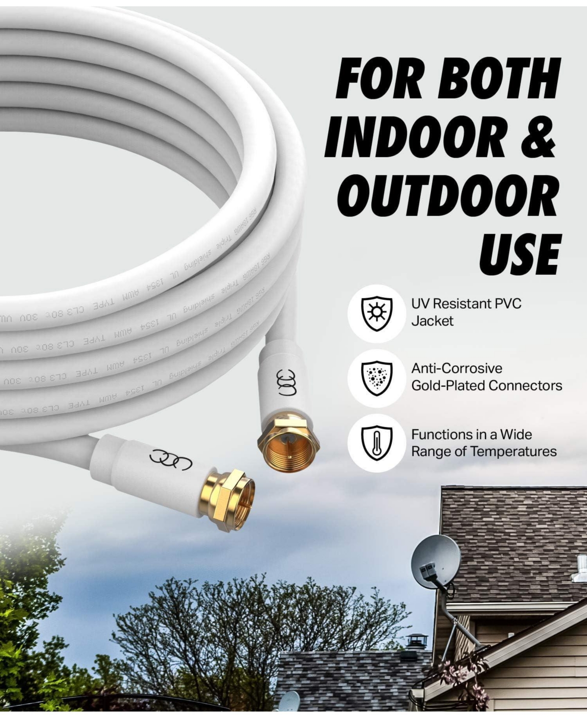 Ultra Clarity Cables RG6 Coaxial Cable CL3 In Wall Rated Digital Audio Video Satellite Extension Gold Plated Connectors
