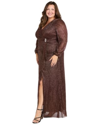 Plus Size Crinkle Pleated Long Sleeve Ruffle Cascade Dress