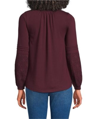 Women's Lightweight Jersey Lace Mix Long Sleeve Pintuck Top