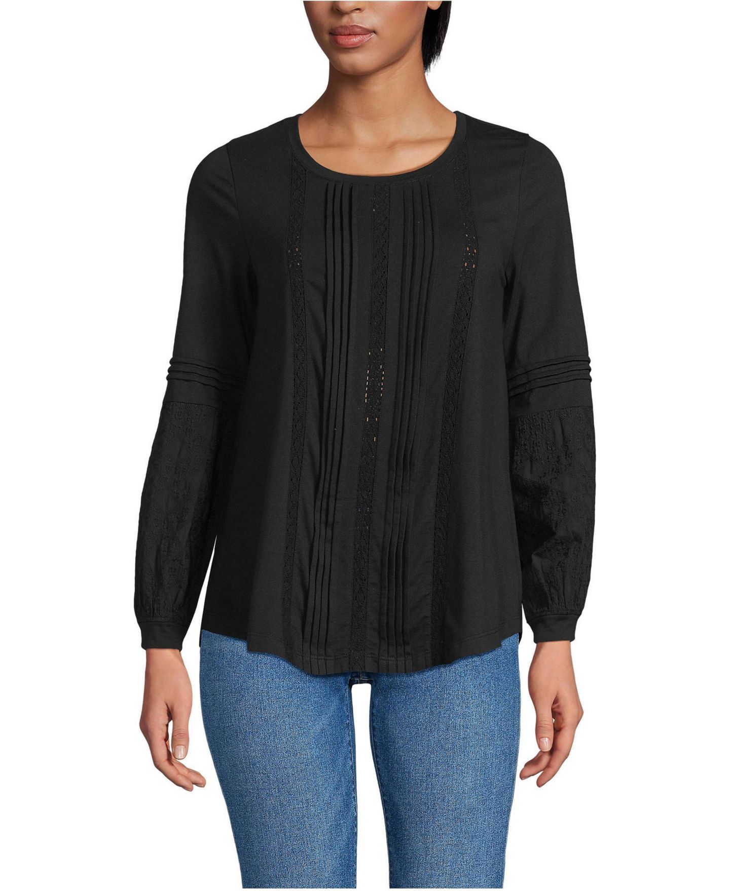 Женский топ Lands' End Lightweight Jersey Lace Mix Long Sleeve Pintuck, цвет: Чёрный — фото 1