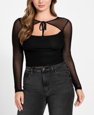 GUESS - Women's Lauryn Long Sleeve Tie Detail Mesh Top