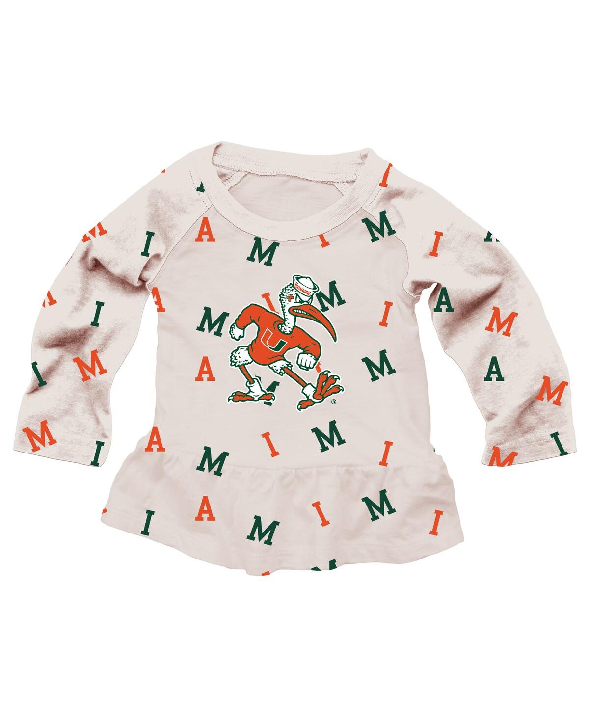 Wes & Willy Baby Girls 2-piece Oatmeal Miami Hurricanes Ruffle Raglan Long Sleeve T-shirt And Leggings Set In Brown