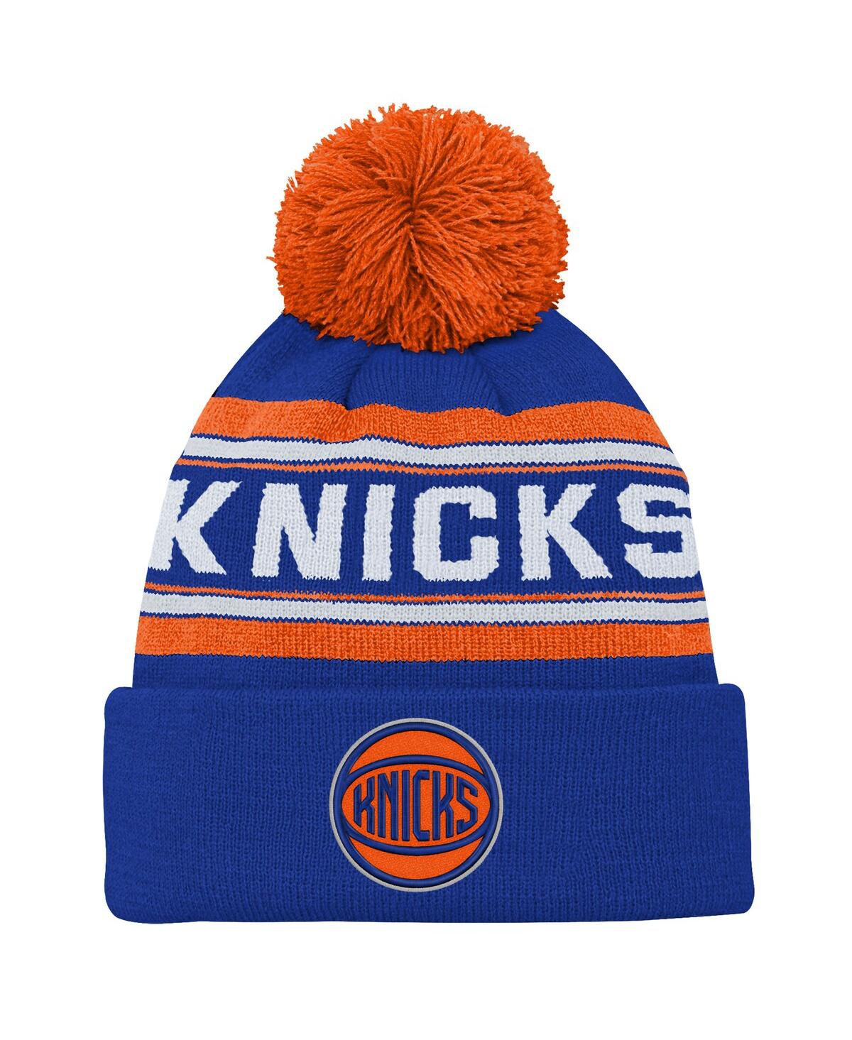 Outerstuff Big Boys And Girls Blue New York Knicks Backboard Jacquard Cuffed Pom With Knit Hat In Blue