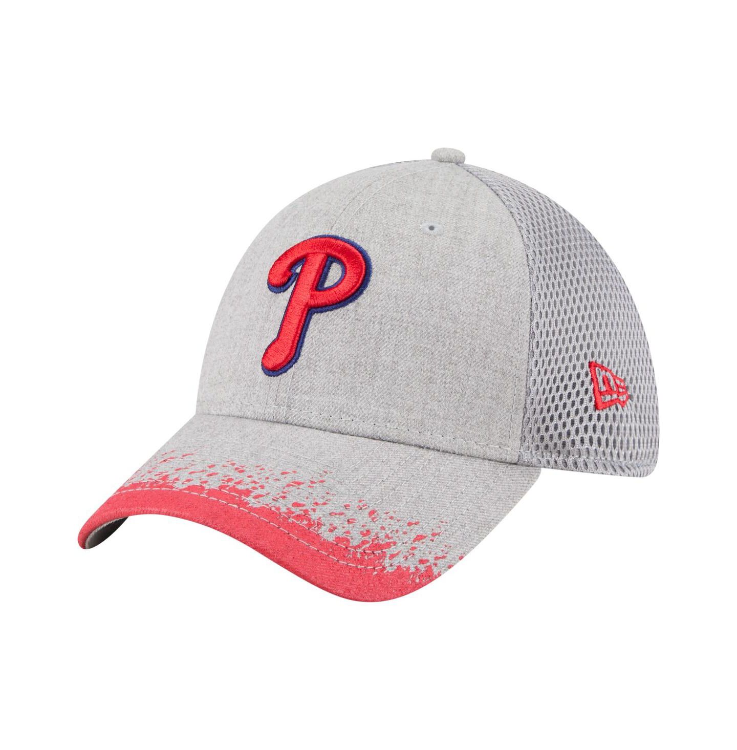 Мужские козырьки New Era Gray Philadelphia Phillies Paint Splatter 39THIRTY Flex Hat — фото 1