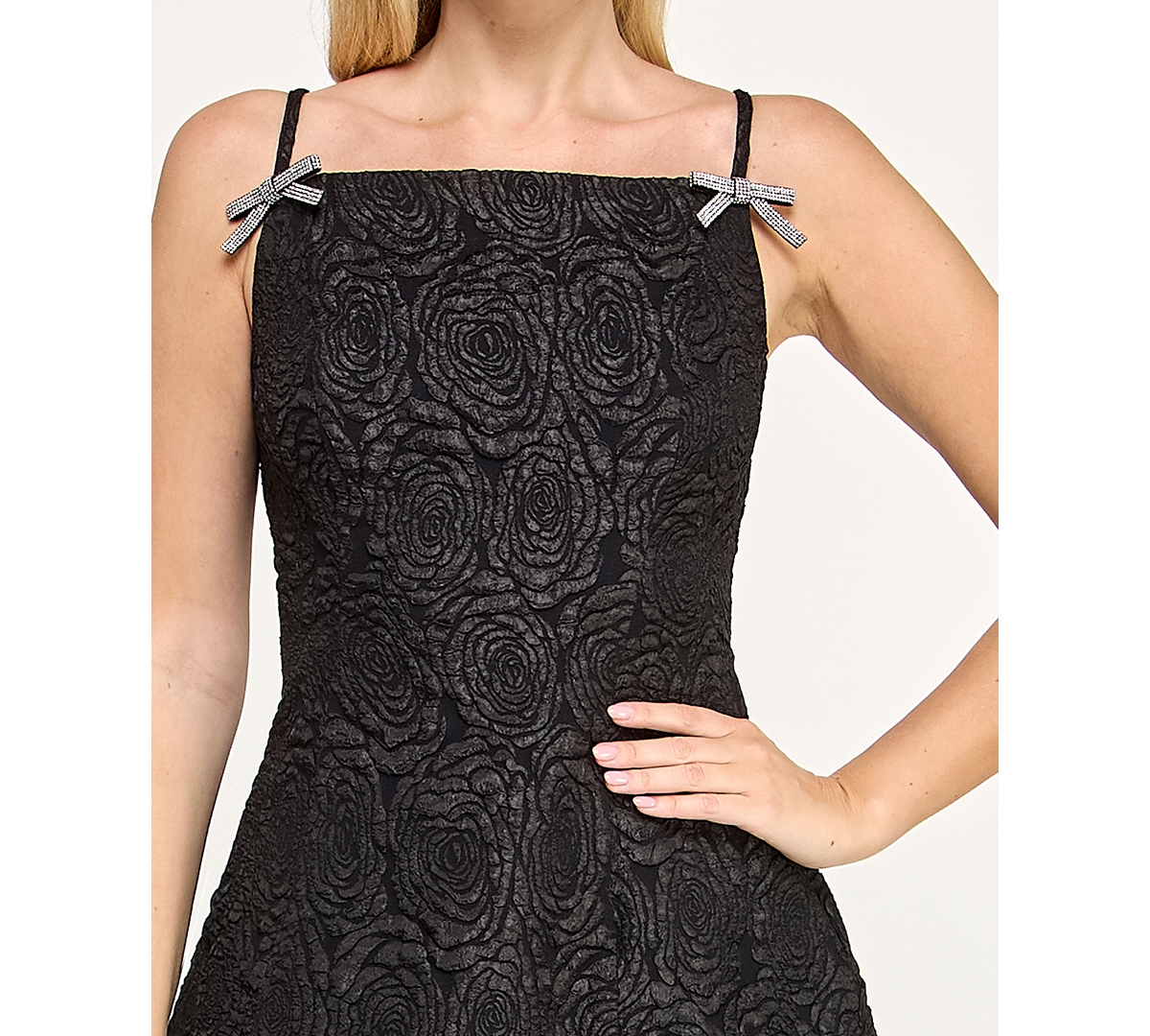 Crystal Doll Women's Jacquard Rhinestone Bow A-line Short Dress In Black