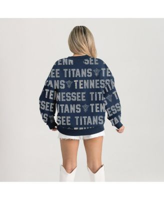 Women's Navy Tennessee Titans Relaxed Drop Shoulder Hype Era Rhinestone Text Sweatshirt