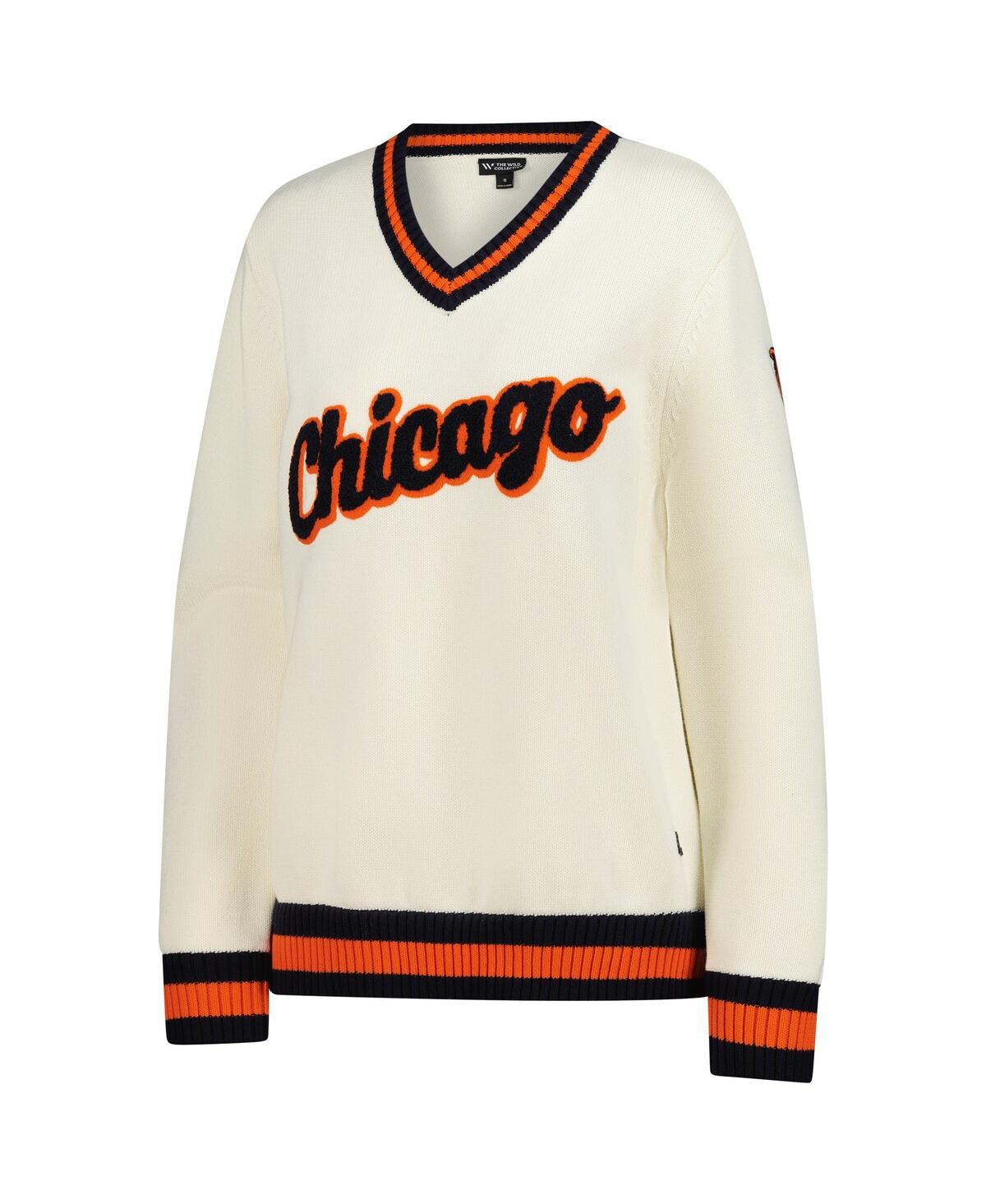 The Wild Collective Women's Cream Chicago Bears Jacquard V-Neck Sweater