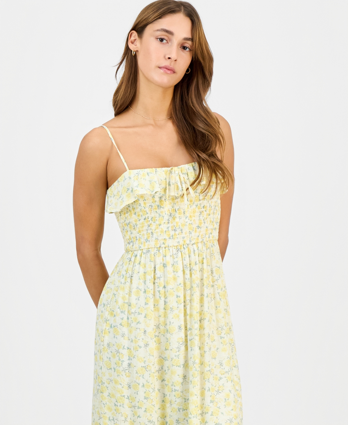 Sincerely Jules Juniors' Smocked Ruffled Floral Midi Dress In Multi