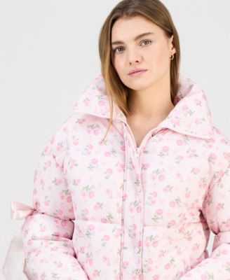 Juniors' Printed Bow-Trim Puffer Jacket