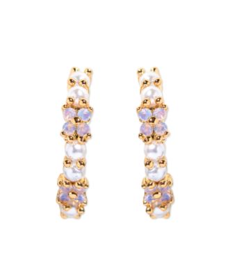 Gold Plated Orchid Faux Cultivated Pearl Hoop Earrings