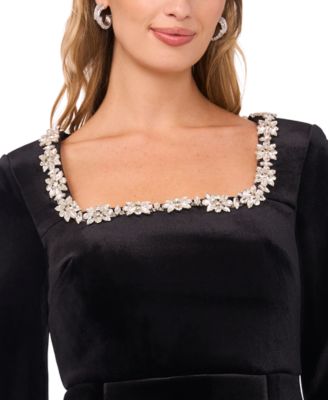 Women's Embellished Square-Neck Long-Sleeve Velvet Dress
