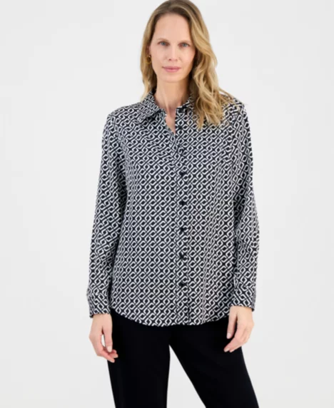 Women's Geometric-Print Button-Front Shirt, Regular & Petite - Black/vanilla Ice Multi