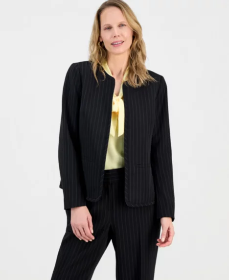 Women's Pinstripe Collarless Open-Front Jacket, Regular & Petite - Black/vanilla Ice