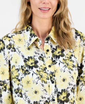 Women's Floral-Print Satin Button-Front Top, Regular & Petite