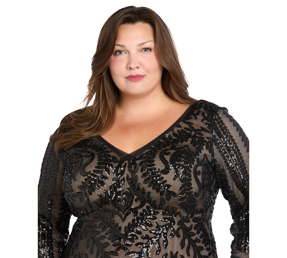 R & M Richards Plus Size Beaded Dress With Contrast Lining And Godet Skirt In Black
