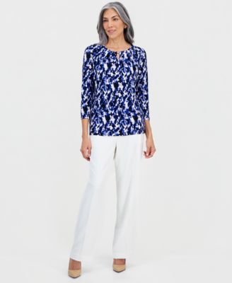 Women's Printed Pleat-Neck 3/4-Sleeve Top