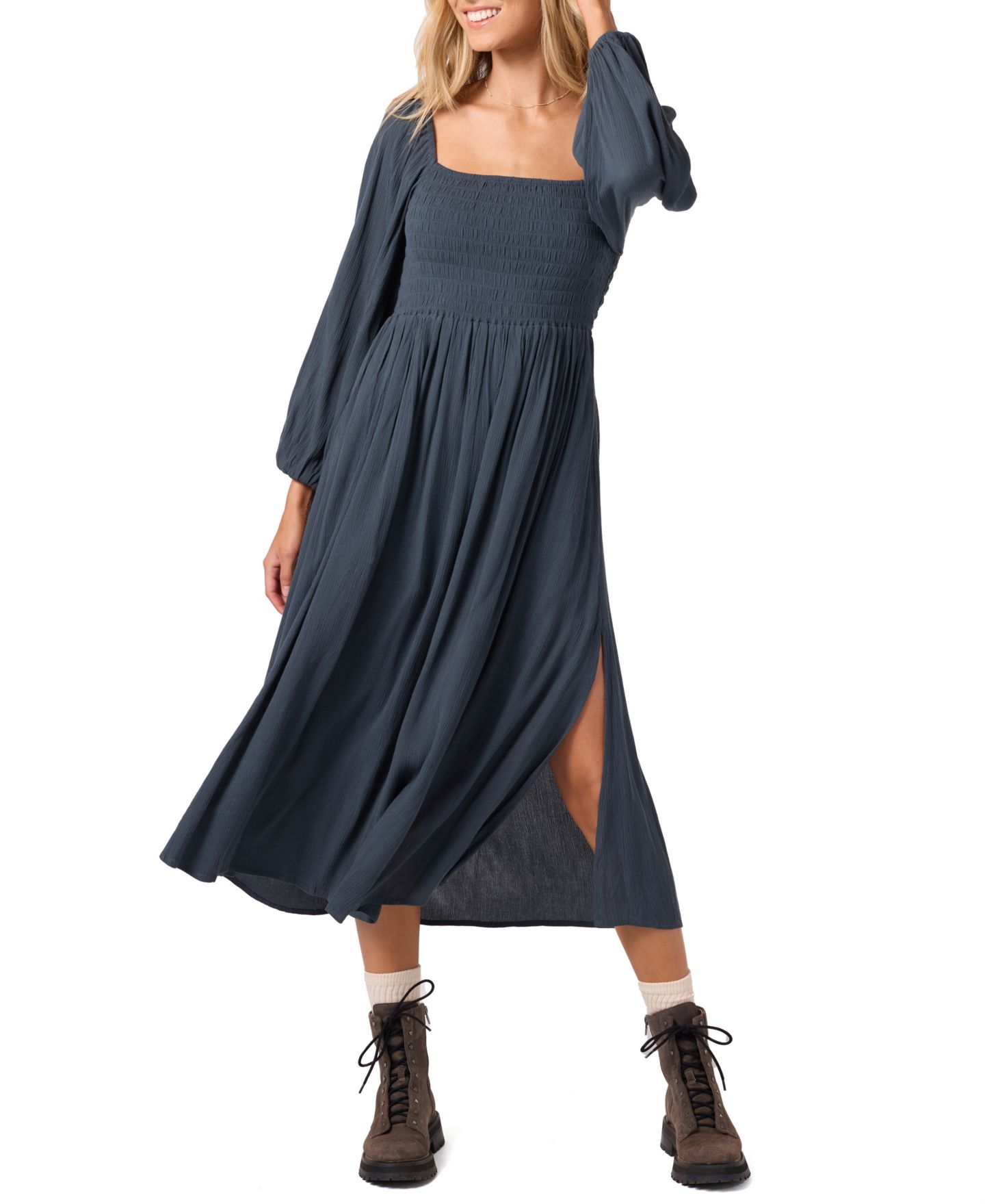 Женское платье O'Neill Gracyn Smocked Long Sleeve Midi, цвет: Сланцевый — фото 1