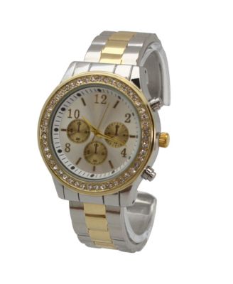 Two Tone Rhinestone Bezel Chronograph Bangle Watch