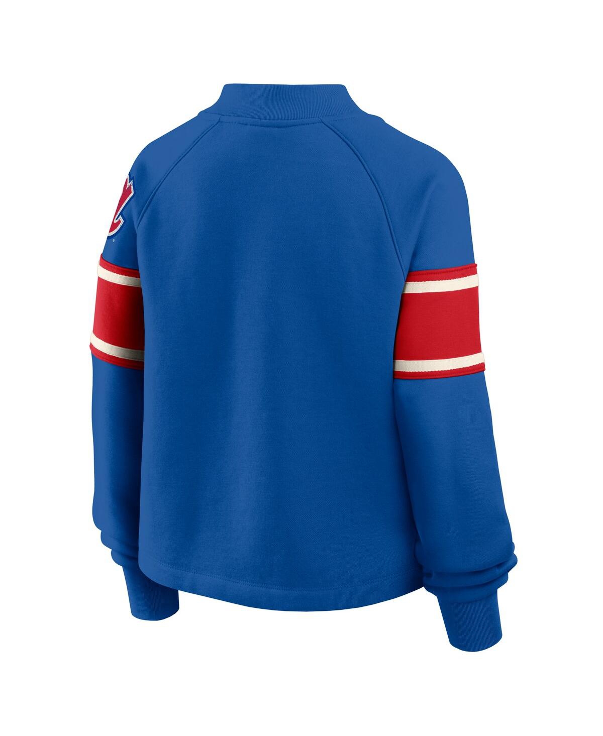 Fanatics Women's Royal Atlanta Braves Oversized Toss Sweep Raglan Pullover Sweatshirt In Blue