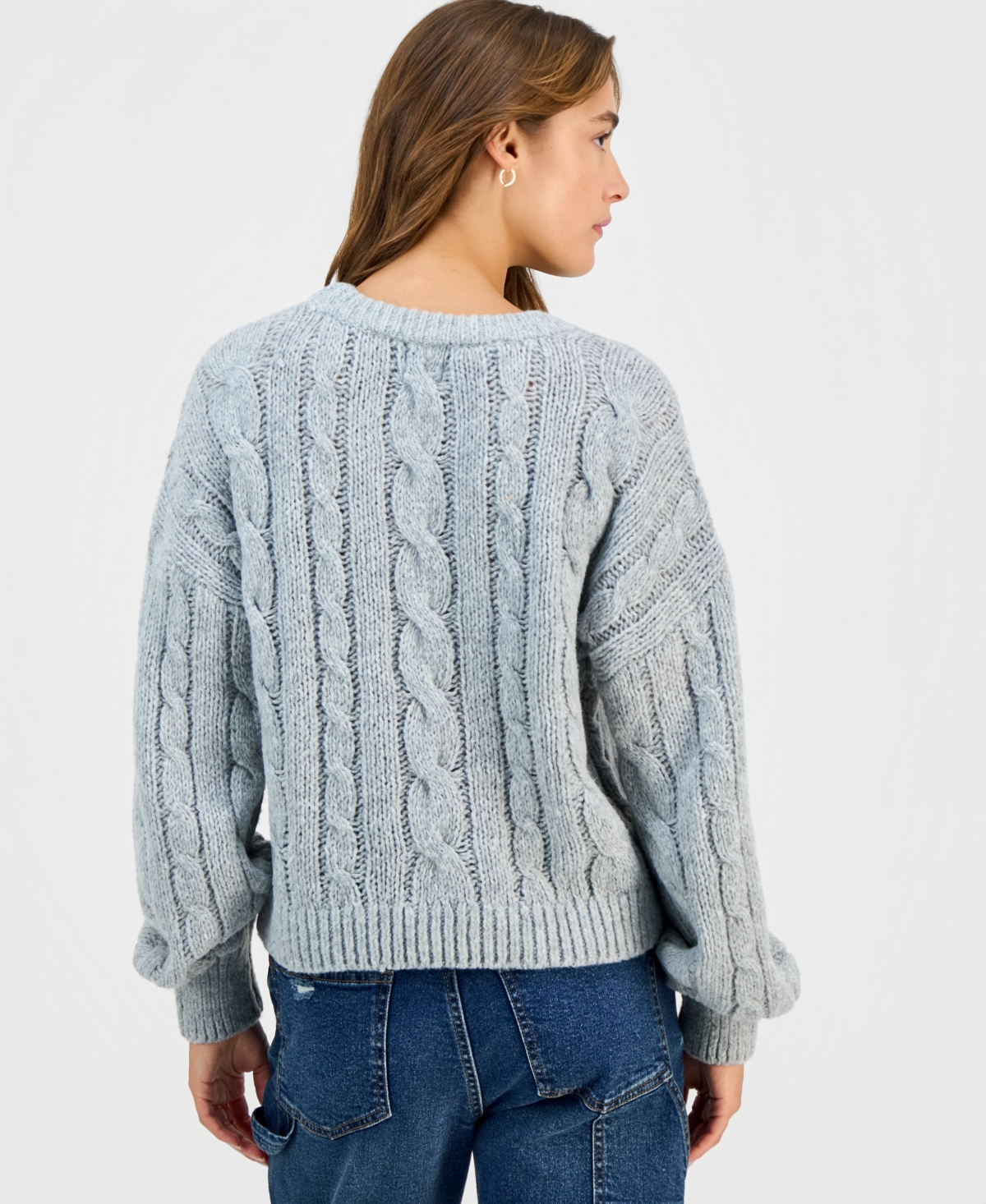 Hippie Rose Juniors' Chunky Cable-knit Crewneck Sweater In Blue