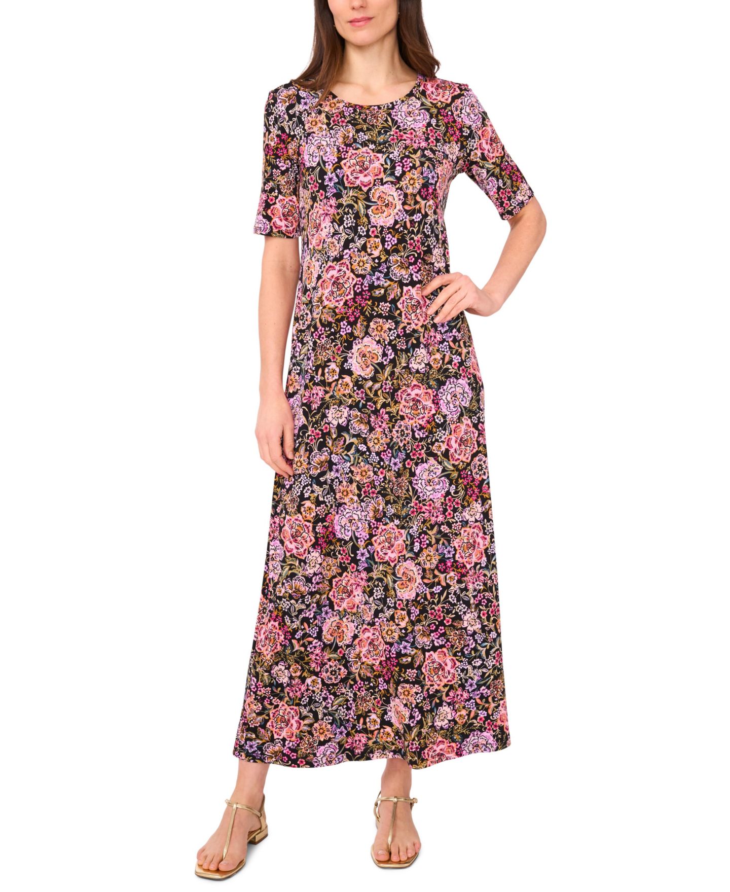 Женское платье Vince Camuto Floral Crew Neck Short-Sleeve Maxi, цвет: Насыщенный чёрный — фото 1