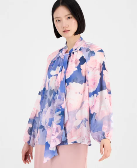 Petite Printed Ruffle Tie Blouse - Blue Petal