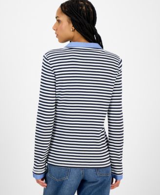 Nautica Women's Striped Double Collar Long Sleeve Cotton Shirt