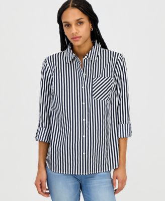 Women's Striped Roll-Tab-Sleeve Cotton Shirt 