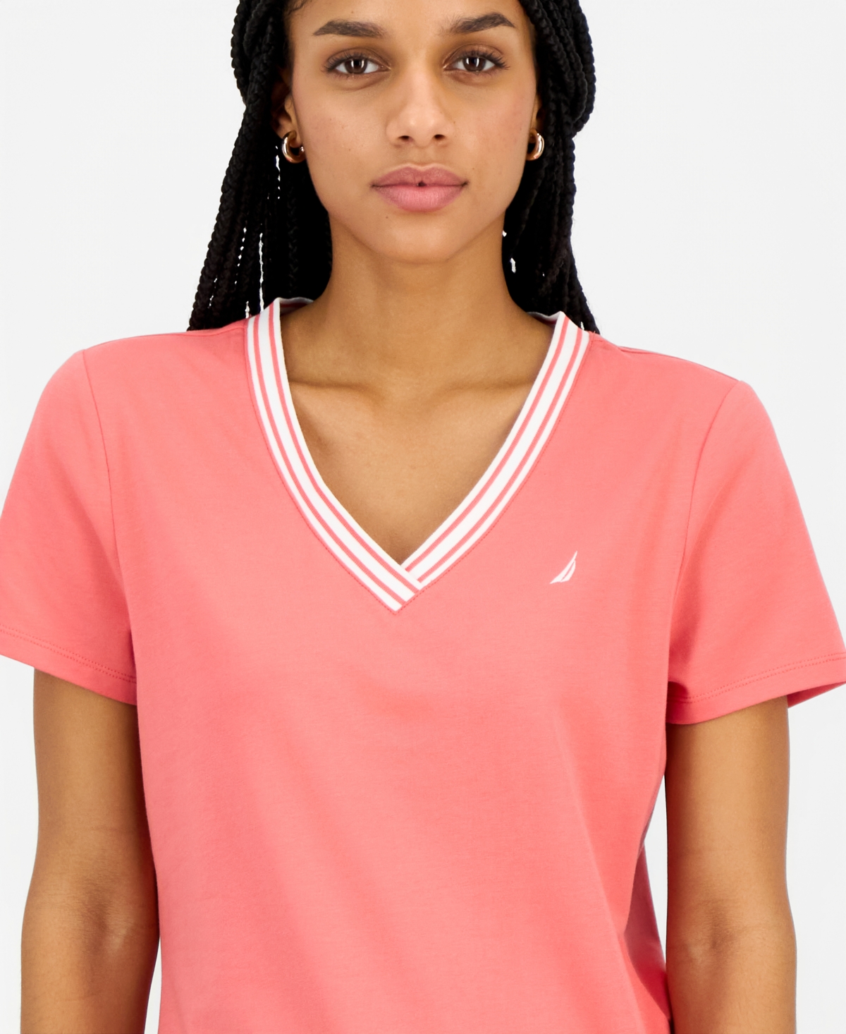 Nautica Jeans Women's Solid Stripe-Trim V-Neck