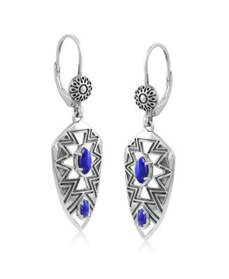 Sterling Silver Marquise Lapis Patterned Lever Back Earrings