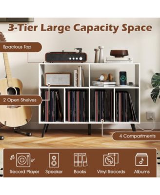 Large MDF Record Player Stand Cabinet with Built-In Power Outlet and Open Shelves