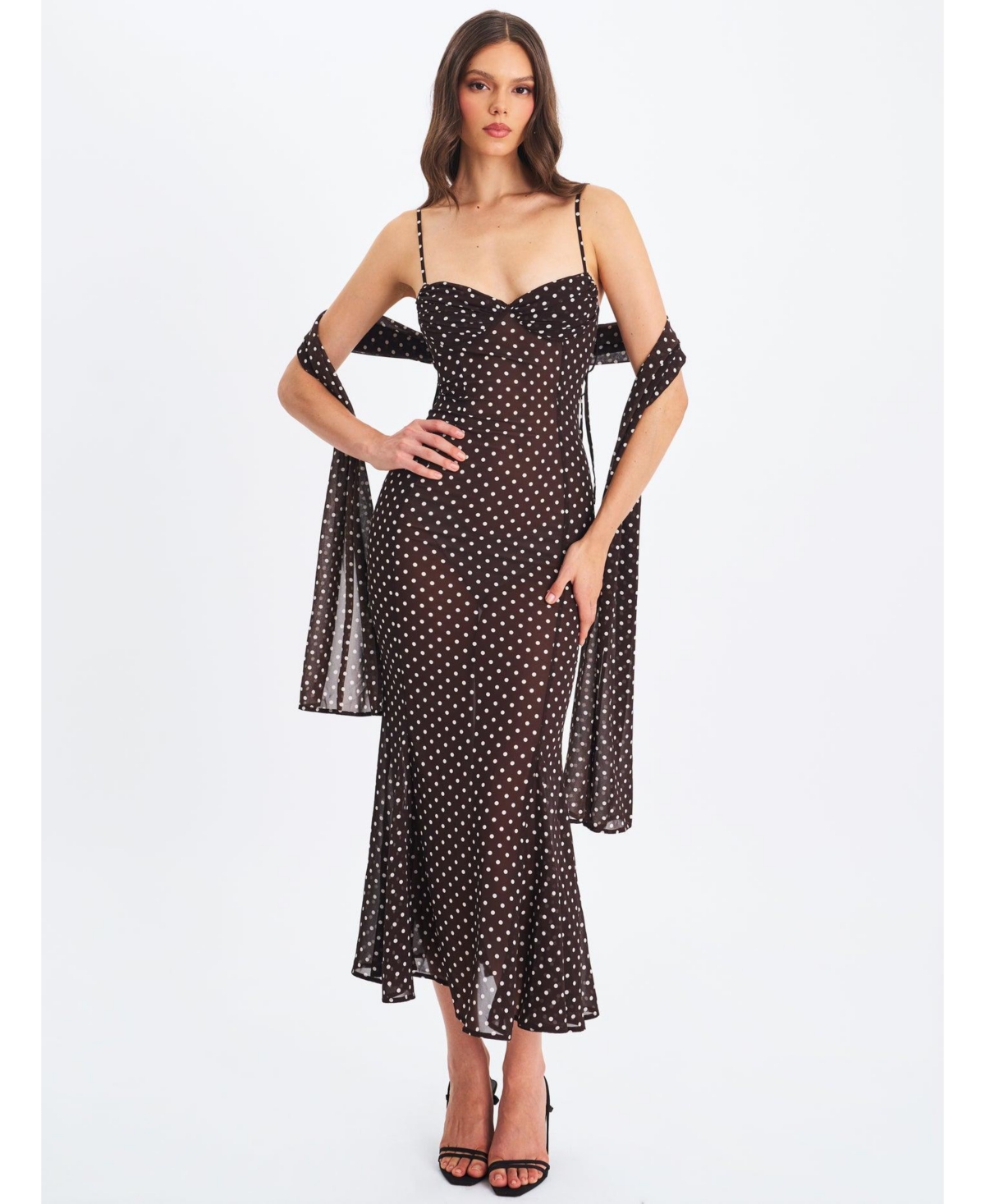 Miss Circle Women's Yadira Brown Base Polka Dot Chiffon Maxi Dress