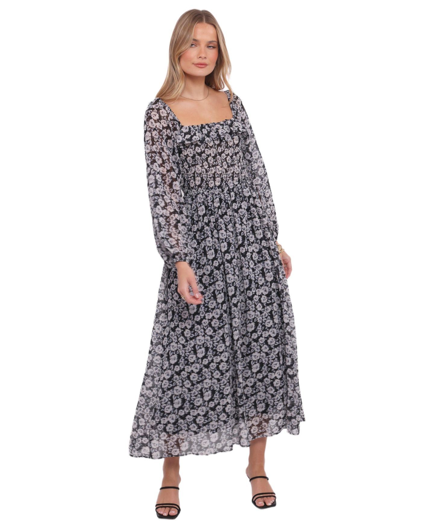 Женское платье Petal and Pup Faith Long Sleeve Maxi, цвет: Чёрный с принтом — фото 1