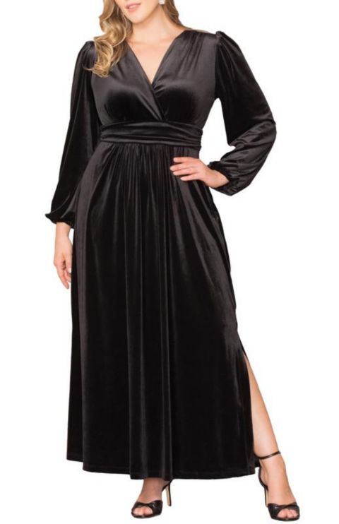 Женское платье Kiyonna Plus Size Vivienne Long Sleeve Velvet Evening Gown with Pockets, цвет: Оникс