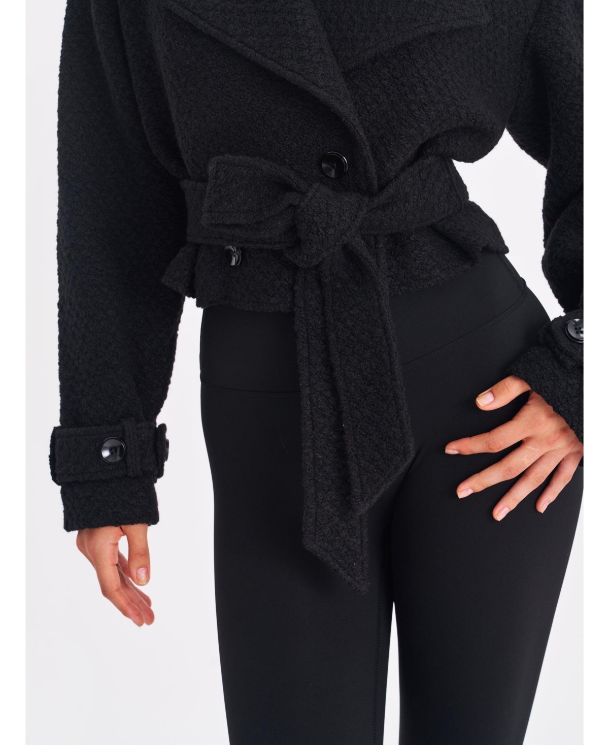 Miss Circle Women's Dara Black Wool Blend Cropped Double-Breasted Belted Coat