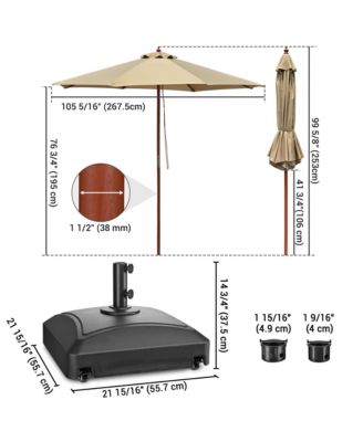 9ft Solid Wood Outdoor Patio Umbrella with Base Included Parasol Wheels Stand for Bistro Market Garden Deck Yard Poolside Tan