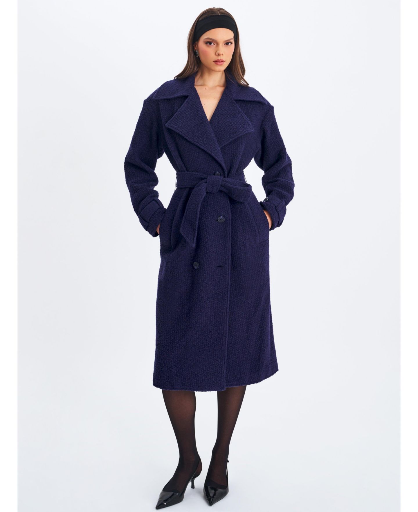 Женское пальто Miss Circle Jaelyn Midnight Blue Wool Blend Double-Breasted Belted, цвет: Тёмно-синий — фото 8