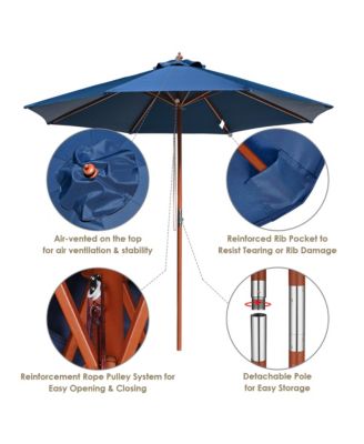 9ft Solid Wood Outdoor Patio Umbrella with Base Included Parasol Wheels Stand for Bistro Market Garden Deck Yard Poolside Navy